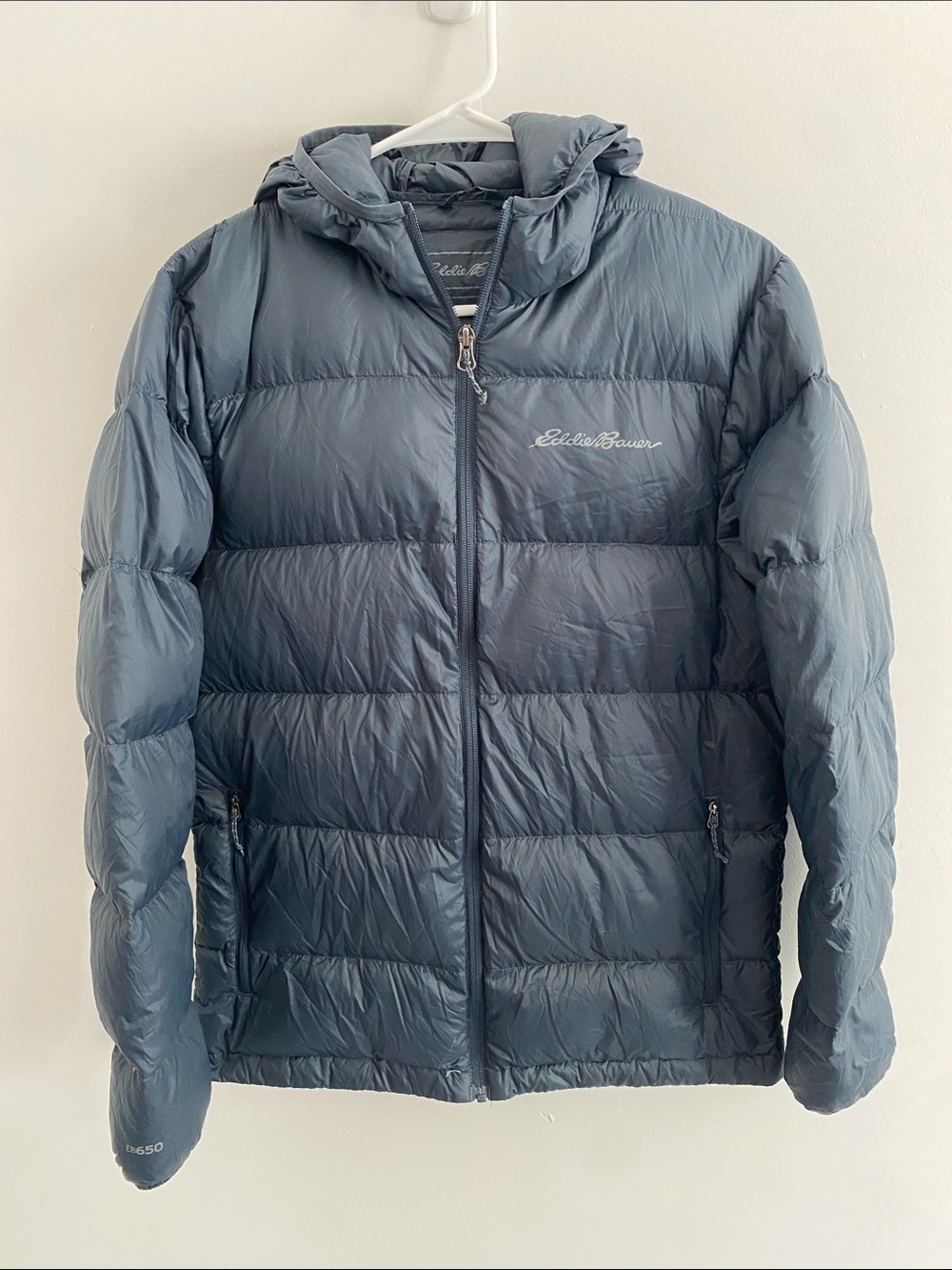 Eddie Bauer Mens Down Puffer Hooded Jacket Charcoal Size SMALL (HO23)